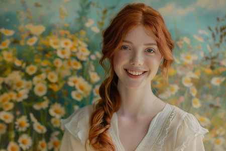 A woman with long red hair stands gracefully in front of a colorful painting, gazing at it with a smile on her face.の素材