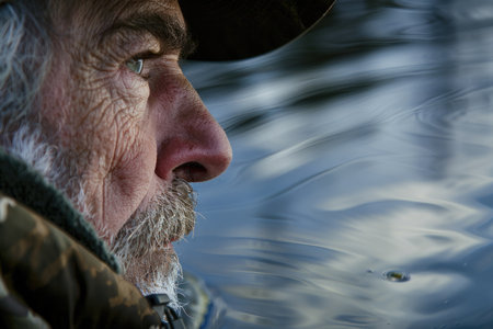 A man wearing a hat gazes thoughtfully at the water, lost in introspection and solitude.の素材