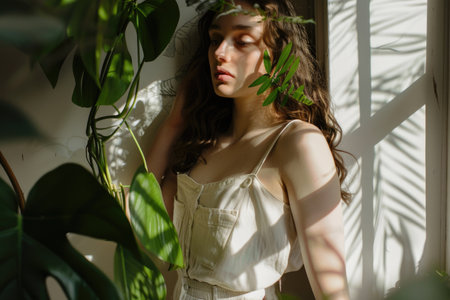 A graceful woman in a flowing white dress stands beside a lush green plant, embodying elegance and harmony with nature.の素材