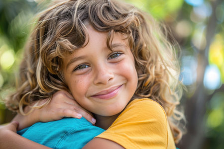 Two children embracing each other closely in a heartfelt hug, expressing genuine affection and comfort.の素材
