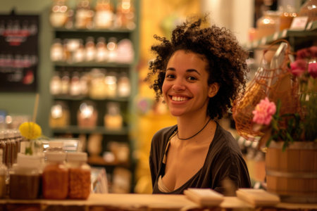 A cheerful young woman stands behind the counter in a store, ready to assist customers with a warm smile and a friendly demeanor.の素材