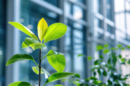 A vibrant green plant with fresh leaves stands gracefully in front of a modern urban building, adding a touch of nature to the city environment.の素材
