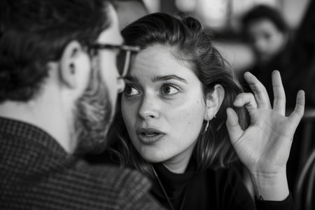 A woman in black and white captures a candid moment, making a face that conveys a mix of emotions.の素材