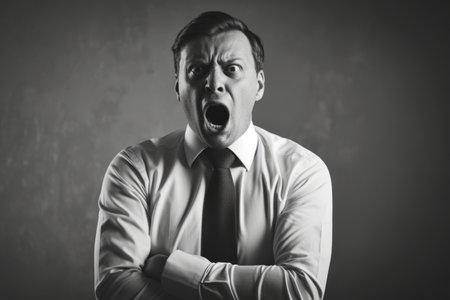 An image of a man in a white shirt and dark tie, his facial expression a mix of surprise and distress, arms crossed defensively, and mouth agapeの素材