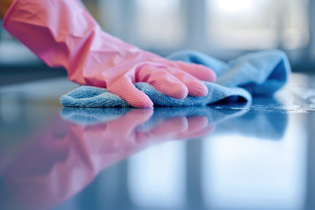 Cleaning in action: hands in pink gloves with blue clothの素材