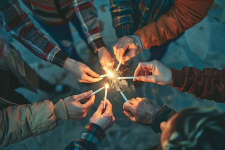 A group of people gathered together, holding sparklers in their hands, creating a warm and festive atmosphere.の素材