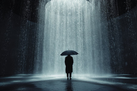 A person stands under an umbrella in a downpour, bathed in a cylinder of light against a dim, misty background, portraying isolation amid nature's force.の素材