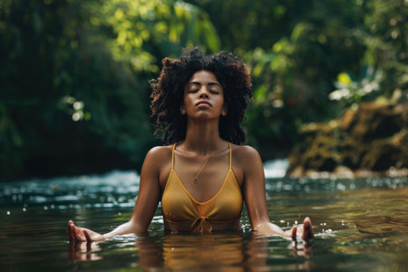 A serene woman in a vibrant yellow bikini sits by the river, immersed in the peaceful beauty of nature.の素材