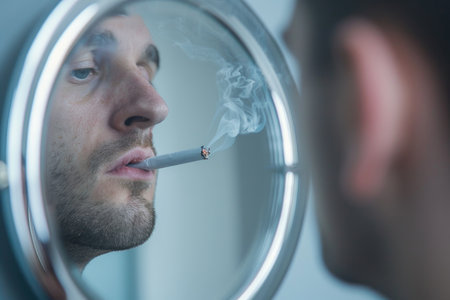 A man smoking a cigarette while gazing at his reflection in a mirror.の素材