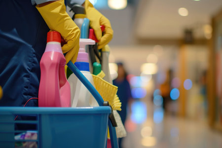 A close-up of a commercial cleaning cart with vibrant blue and colorful cleaning supplies, highlighting maintenance work in a bustling public spaceの素材