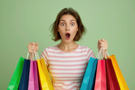 A woman, surprised with wide eyes and an open mouth, holds colorful shopping bags against a vibrant green background, indicating a successful shopping experienceの素材