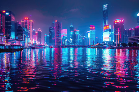 As day fades to night, a sprawling city skyline illuminates the darkening horizon across a shimmering expanse of water.の素材