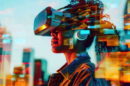A woman wearing headphones and a virtual reality headset, immersed in a digital world.の素材