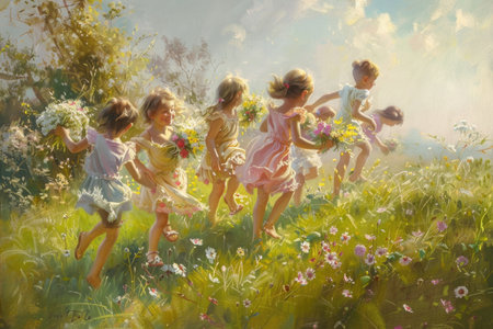A group of joyful children running freely through a sunlit meadow, their laughter echoing in the open field.の素材