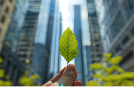 A person stands amidst tall city buildings, holding up a vibrant green leaf, creating a striking contrast between nature and urban landscape.の素材
