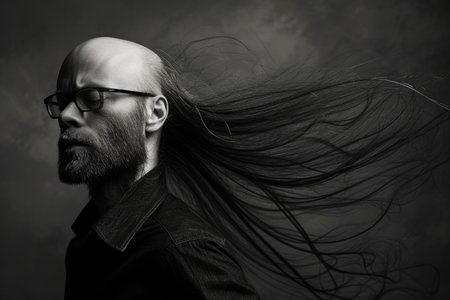 A man with a bald head and long hair is standing in front of a dark background. The man is wearing glasses and has a beard. The image has a mood of mystery and intrigueの素材