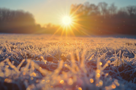 The warm suns rays illuminate frosty grass in a beautiful golden light.の素材