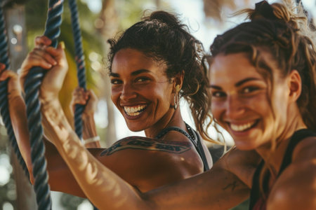 Two women with big smiles hang from ropes, enjoying a moment of excitement and connection in a supportive fitness community.の素材
