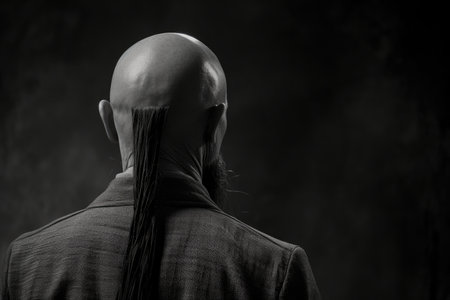 A bald man with a long dreadlock hairstyle is standing in front of a dark background. Concept of mystery and intrigue, as the man's bald head and unique hairstyle draw attention to himの素材