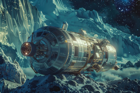 A space station is nestled in the heart of a majestic mountain range, blending into its surroundings as it aims for the stars.の素材