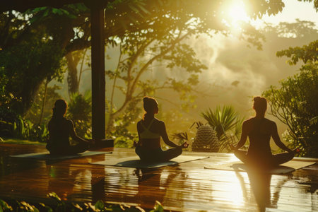 A diverse group of people sitting peacefully on colorful yoga mats, engaging in mindfulness practices in a serene setting.の素材