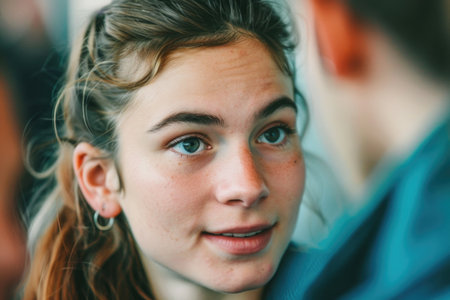 A close-up view of a person with a ponytail, captured in a candid moment of active listening. The focus is on genuine interaction and connection.の素材