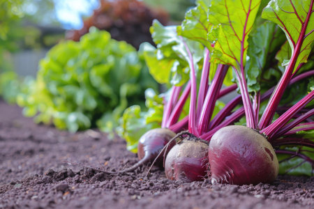 Group of juicy beets laid out on a garden bed, basking in the sunlight, showcasing their rich colors against the fertile soil.の素材