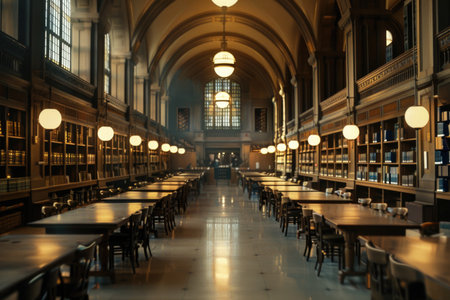 A vast library with numerous bookshelves, hosting a long table where readers immerse themselves in the world of books.の素材