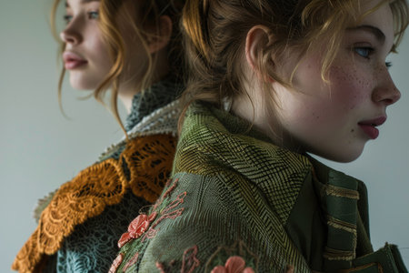 Two young women exude elegance and style, wrapped in fashionable scarves for the fall season.の素材