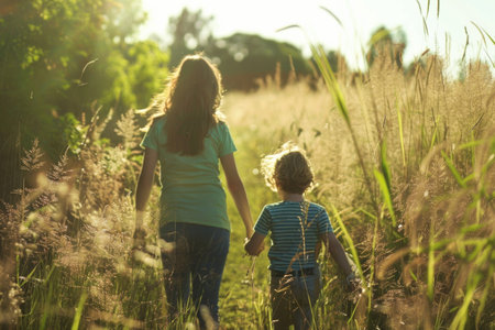 A woman and child walk through tall grass, their figures blending harmoniously with the natural landscape as they explore the outdoors.の素材