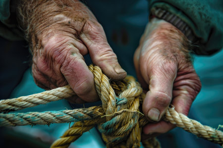 A man firmly holds a rope with both hands, showing strength and determination in a nautical setting.の素材