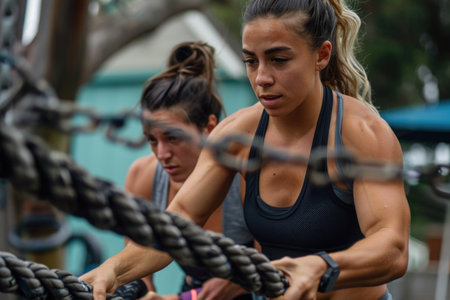 Two women in a supportive fitness community stand side by side with confidence and grace.の素材