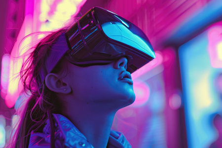 A young girl is fully engaged in virtual reality, wearing a headset with a look of wonder on her face.の素材