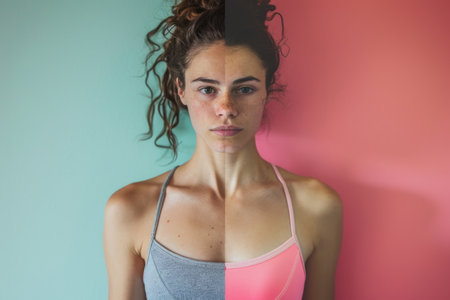 A fit woman confidently strikes a pose in a stylish sports bra, showing her toned physique for a photo.の素材