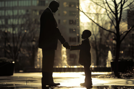 A touching moment captured in silhouette, showing a man and a child shaking hands in a symbol of mentorship and guidance.の素材