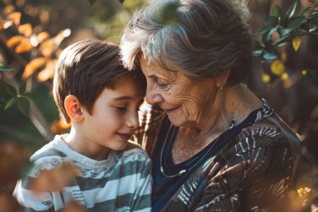 An older woman and a young boy engage with a cell phone, sharing a moment of learning and connection through modern technology.の素材