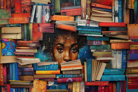 A collage of various books with a striking portrait of a womans face intertwined, creating a visually captivating display.の素材