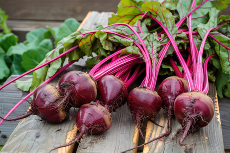 Freshly harvested beets resting on a wooden table, showing their vibrant colors and organic textures.の素材
