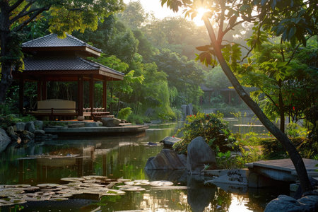 A serene scene of a wooden gazebo situated in the calm waters of a pond, surrounded by lush trees creating a peaceful atmosphere.の素材
