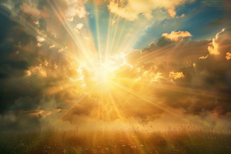 The radiant sun shines through the billowy clouds in the sky, casting warm rays over the earth below.の素材