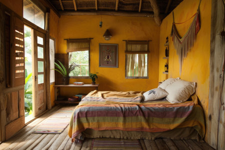 A cozy bed occupies a bedroom corner, bathed in soft light from a nearby window.の素材
