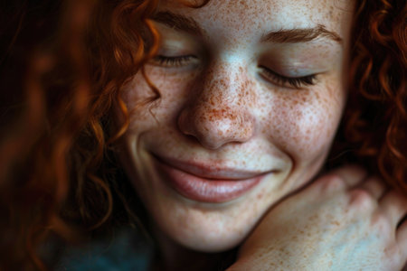 A detailed look at a woman showing delicate freckles on her face, highlighting her individuality and natural beauty.の素材