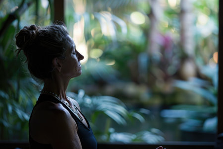 A woman sits in front of a sunlit window, immersed in thought, at a serene Wellness Retreat.の素材