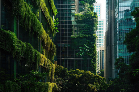 A group of tall buildings embraced by green plants, creating an urban jungle in the heart of the city.の素材