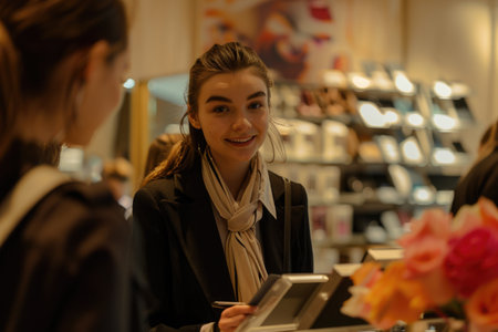 A woman with a welcoming aura stands elegantly at a store counter, ready to assist customers with a warm smile.の素材