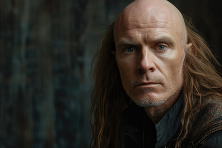 The photo captures a man whose appearance showcases a unique blend of long flowing hair juxtaposed with a completely bald head. This contrast creates a visually striking and thought-provoking image.の素材