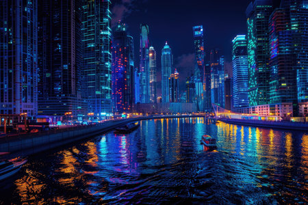 A vibrant city at night, illuminated by neon lights, with a boat floating peacefully in the water.の素材