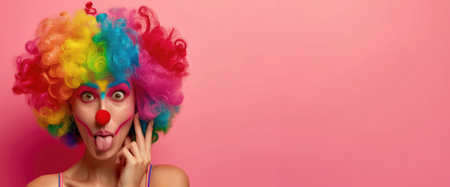 A woman with a rainbow wig and clown makeup is making a funny face and sticking out her tongueの素材