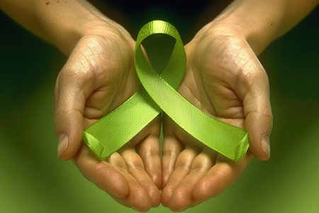 A person is holding a green ribbon in their hands. The ribbon is a symbol of awareness for a causeの素材