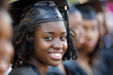 A woman with a black graduation cap and gown is smiling. She is surrounded by other graduates. Concept of achievement and pride in the graduates' achievementsの素材